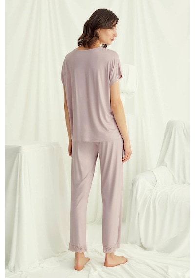 Monamise 18486 Kadın V Yaka Kısa Kollu Pijama Takımı-vizon Vizon