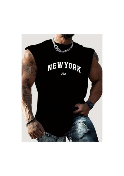 Caddemia Yazlık New York Baskılı Günlük Spor Bol Rahat Nefes Alan Yuvarlak Yaka Kol Siyah 2XL