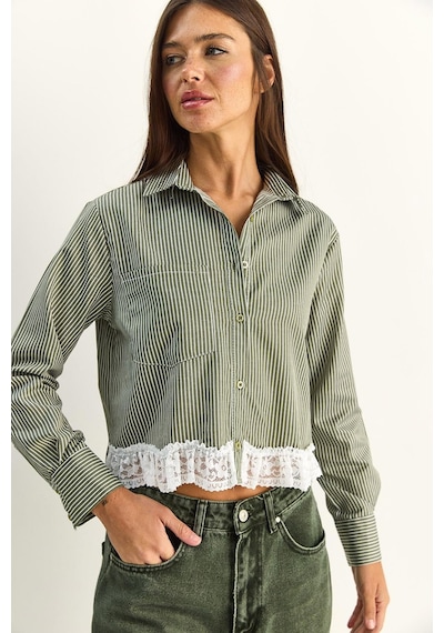 Shade Kadın Dantel Detaylı Çizgili Poplin Crop Gömlek Dg261023 60286099 - Haki