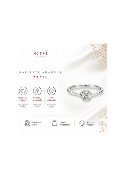Servi 925 Ayar Gümüş Pure Light Yuvarlak Kesim Gümüş Çerçeveli Tektaş Yüzük -510