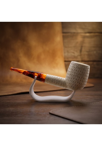 El Oyması Lületaşı Pipo Nokta İşlemeli Rustik Model, Kehribar Desenli Akrilik Ağızlık 14 Cm