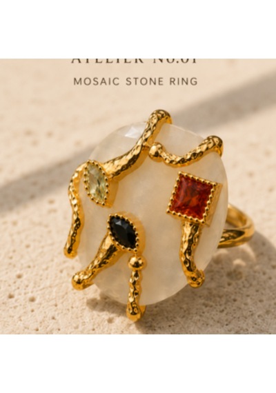 Riody Atelier No.01 Mosaic Stone Ring Koleksiyon Serisi Doğal Taş Statement Ring Sarı Altın
