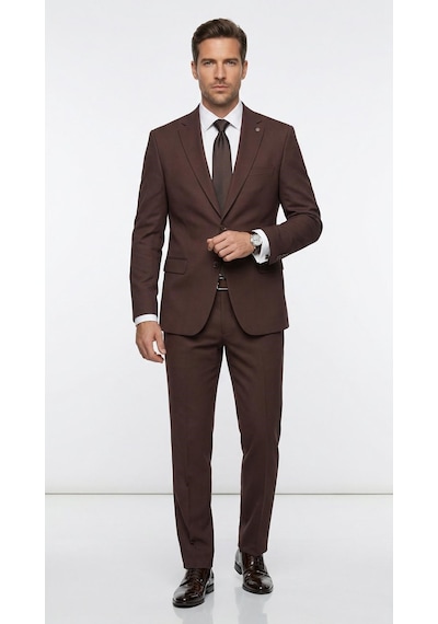 Tk 6893erkek Klasik 2 Li Takım Elbise 2 Düğmeli Slim Fit Esnek Kumaş Çift Yırtmaçlı 7 Drop Kahverengi