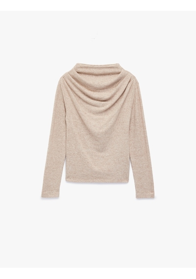 Koton Drape Detaylı Uzun Kollu Geniş Dik Yaka Tişört Bej 6wak50038uk Ekru