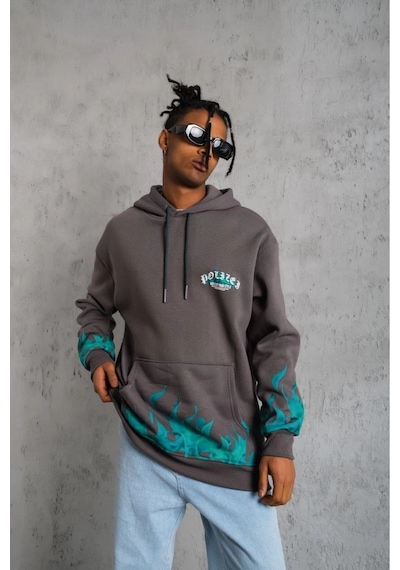 Erkek 3 İplik Pamuklu Alev Baskılı Kapüşonlu Hoodie Sweatshirt - Gri
