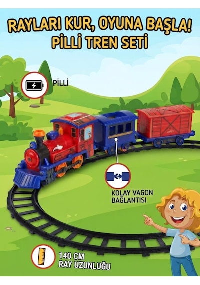 11 Parça Pilli Tren Seti 140 Cm Ray Uzunluğu Kolay Kurulumlu Eğitici Ve Eğlenceli Oyuncak Tren