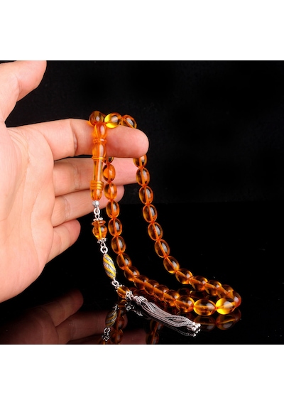925 Ayar Gümüş Mineli Püsküllü Sarı Renk Ateş Kehribar Tesbih