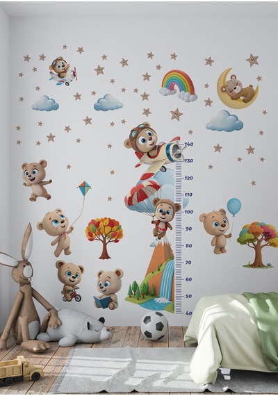 Sevimli Ayıcık Temalı Boy Ölçerli Duvar Sticker Seti - Mat, Sökülebilir, Çocuk Odası Dekoru 010 - Mat Beyaz