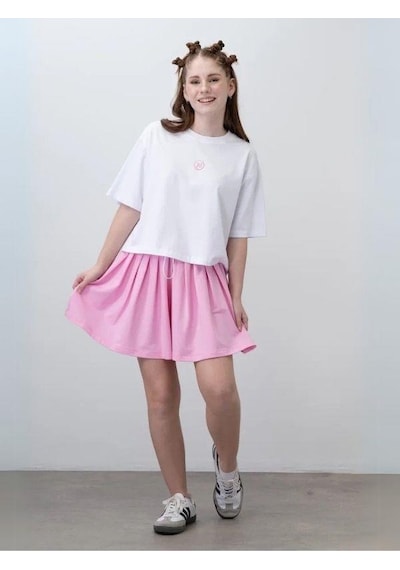 Zekids Kız Çocuk Pileli Şort T-shirt Tasarım Takım-15778 Beyaz