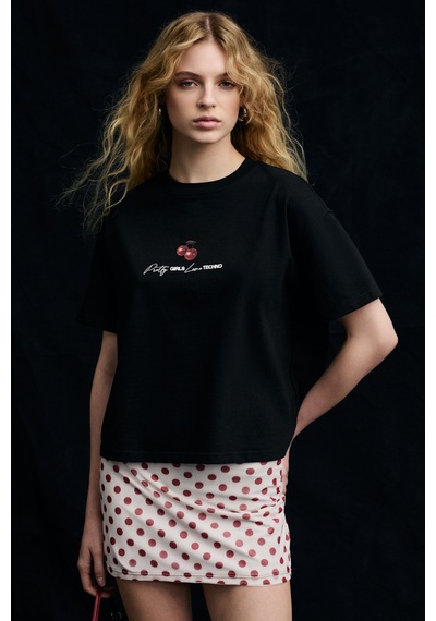 Grımelange Tılorıa Kadın Organik Pamuklu Baskılı Bisiklet Yaka Regular Fit Siyah T-shirt Siyah