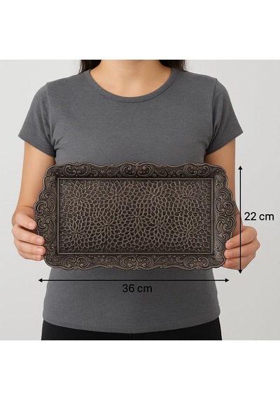 Osmanlı Motifli Küçük Metal Servis Tepsisi Dekoratif Sunum Tepsisi, 36 X 18 Cm, 306 G Antik Siyah