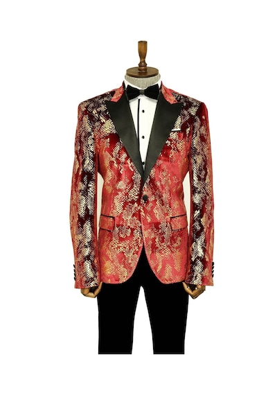 Wessi Dik Yaka Slim Fit Altın Desenli Bordo Balo Ceket - Wessi Bordo