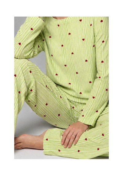 Fit Women Kadın Çizgili Kalp Desenli Uzun Yeşil Pijama Takımı