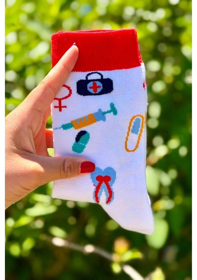 Lousocks Unisex Doktor Hemşire Medikal Desenli Beyaz Soket Çorap