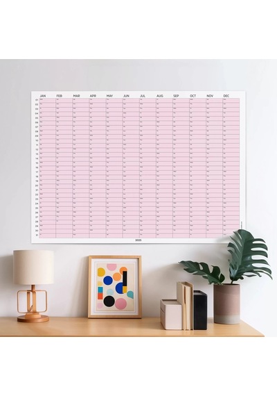 2027 Yıllık Takvim Planlayıcı, Planlayıcı Duvar Takvimi, Yatay, Pastel Pembe Renk Çok Renkli