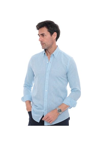 Slim Fit Uzun Kol Yaka Düğmeli Nefes Alan Keten Hediye Kutulu Erkek Gömlek Fs-004548 - Turkuaz-3230
