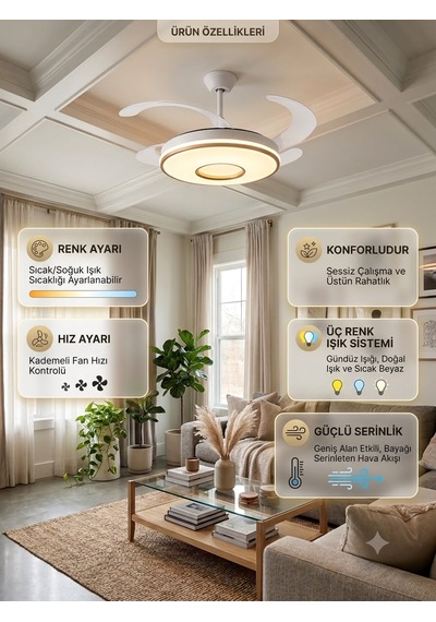 Tavan Vantilatörü Aydınlatmalı Gizli Kanat Pervaneli Kumandalı Dimmerli 4 Kanatlı 3 Işık Renk