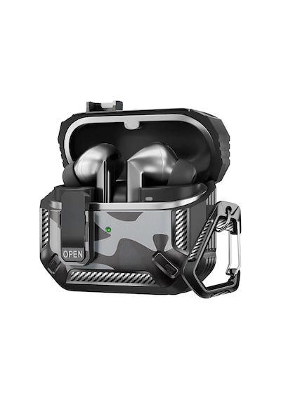 Galaxy Buds 3 Pro, Buds 3 Ve Buds 3 Fe İle Uyumlu Mandallı Kapak Kilit Sistemli Mat Dokulu Darbelere Dayanıklı Kamuflaj Silikon Kılıf Siyah