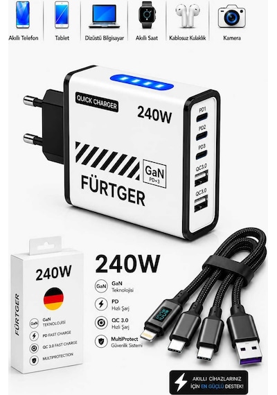Fürtger German Frt-20w B 3 Type-c + 2 Usb-a Toplam 5 Çıkışlı + 20w Şarj Aleti + 4 Başlıklı Şarj Kablosu
