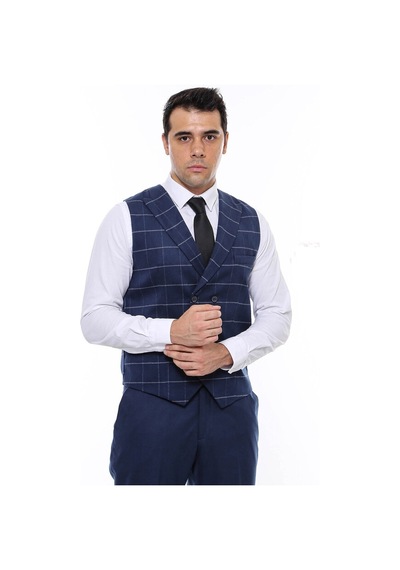 Wessi Kruvaze Yakalı Kareli Desenli Mavi Erkek Yelek 001