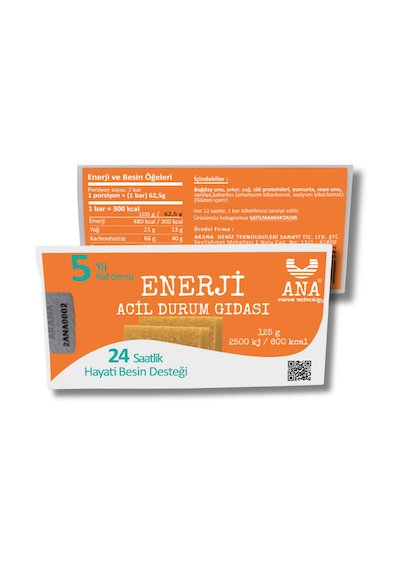 Ana Enerji Acil Durum Gıdası 125g 2500 Kj 1 Kişilik 24 Saatlik Besin Desteği
