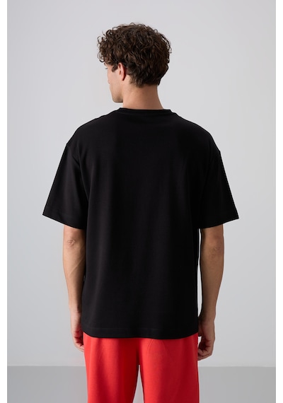 Tommy Life Siyah Pamuklu Kalın Yumuşak Dokulu Oversize Fit Baskılı Erkek T-shirt - 88324 Siyah