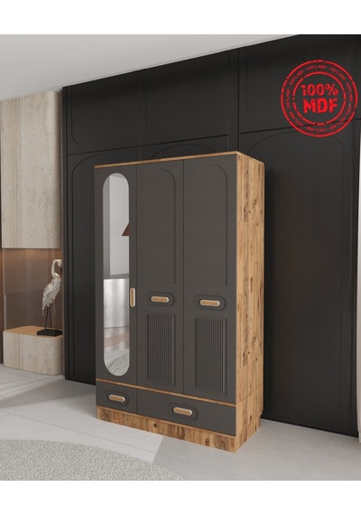 Pera 3 Kapaklı Çekmeceli Bazalı Gardırop - Tamamı Mdf Antrasit Pera 3 Kapaklı Çekmeceli Bazalı Gardırop - Tamamı Mdf Antrasit