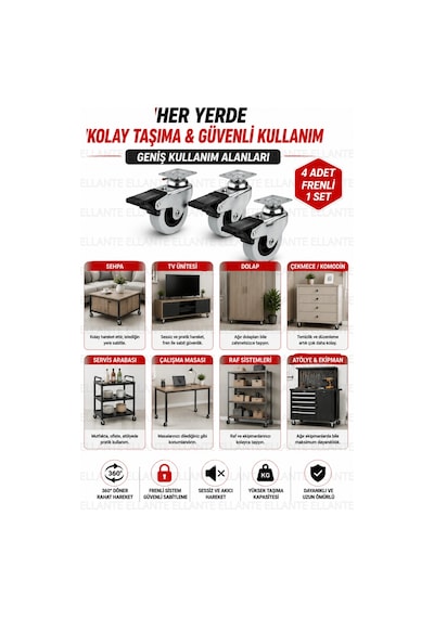 4 Adet Frenli Döner Tablalı 50 Mm Bilyalı Mobilya Tekeri 360 Döner Masa Dolap Sehpa Tekeri Ağır Yük Çok Renkli