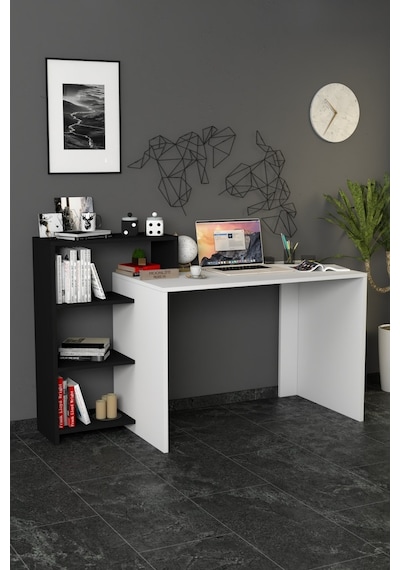 Moonlife Ahsen Kitaplıklı Çalışma Masası Beyaz Siyah Beyaz