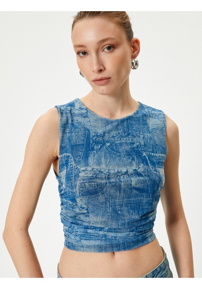 Koton Denim Görünümlü Üst Crop Büzgülü Bisiklet Yaka Mavi Desenli 4sak10354ek Mavi