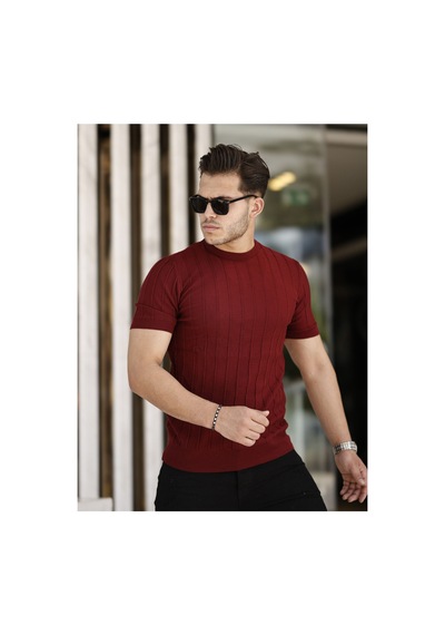 Cool Tarz Bordo Erkek Yuvarlak Yaka Örme T-shirt Bordo Bordo
