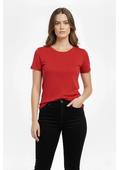 Assema Kadın Bisiklet Yaka Slim Fit Likralı Tişört - Kırmızı Çok Renkli