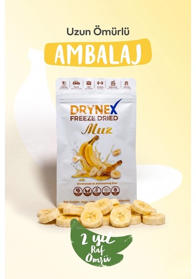 Drynex Freeze Dried Muz Dondurularak Kurutulmuş Çıtır Atıştırmalık Meyve Cipsi Şekersiz Glutensiz Vegan 20 G
