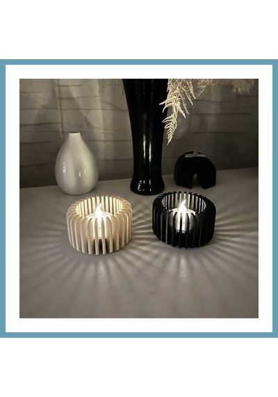 Bezos 3d Baskı Modern Çizgili Mumluk - Tealight Mumluk 1 Adet -bej Mbt06