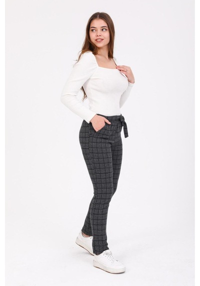 Sea Queen Kadın Büyük Beden Yüksek Bel Kuşaklı Desenli Kaşkorse Pantolon Koyu Gri - 691783498 Koyu Gri