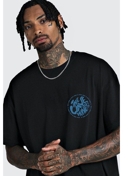 Unisex Siyah Oversize The Wawe Hunters Baskılı Örme T-shirt Siyah