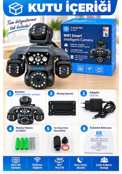 O-kam Ok-251 12mp 4 Kameralı Wifi Gece Görüş Çift Yönlü Ses Uzaktan İzleme Kişi Takibi Türkçe Akıllı Güvenlik Kamerası