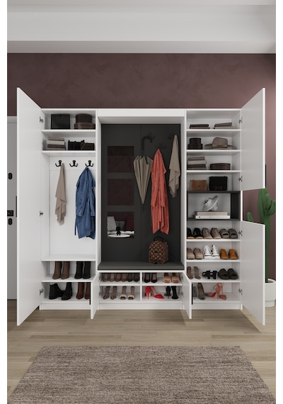 Lüks Aynalı Portmanto Askılı Vestiyer %100 Mdf Çok Raflı Ayakkabılık V04 Beyaz - Antrasit Lüks Aynalı Portmanto Askılı Vestiyer %100 Mdf Çok Raflı Ayakkabılık V04 Beyaz - Antrasit