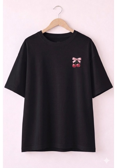 Minimal Kiraz Desenli Baskılı T-shirt Siyah