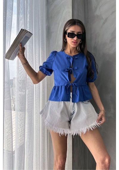 Verymoda Pembe Önden Bağlamalı Poplin Bluz D2699 Saks