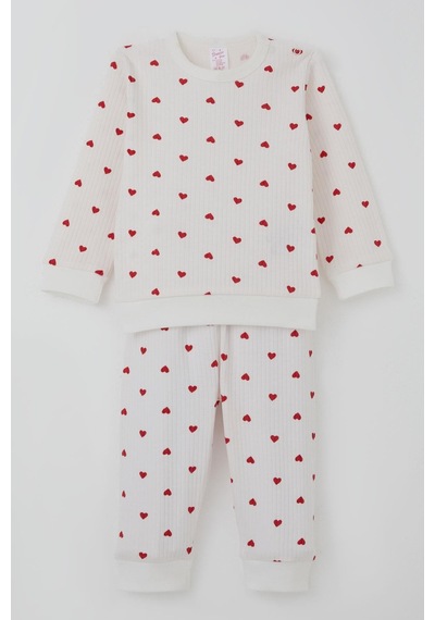Breeze Kız Bebek Pijama Takımı Omuzdan Patlı Kalp Desenli 4 Ay-1 Yaş, Ekru Ekru