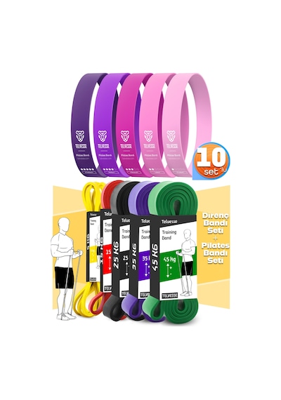10lu Tera Set 5+15+25+35+45 Kg + 5li Pilates Direnç Bandı Barfiks Lastiği Loop Band Pembe Ton Çok Renkli