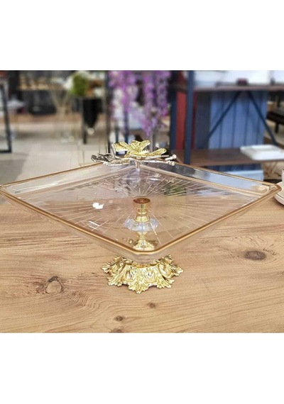 Elta Collection Gold Kelebek Detaylı Şık Ayaklı Kare Sunumluk Ikramlık Kurabiyelik Şeffaf