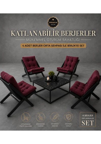 4lü Sehpalı Dinlenme Koltuğu Berjer Balkon Koltuğu Bahçe Kotuğu Tv Sandalyesi Bordo
