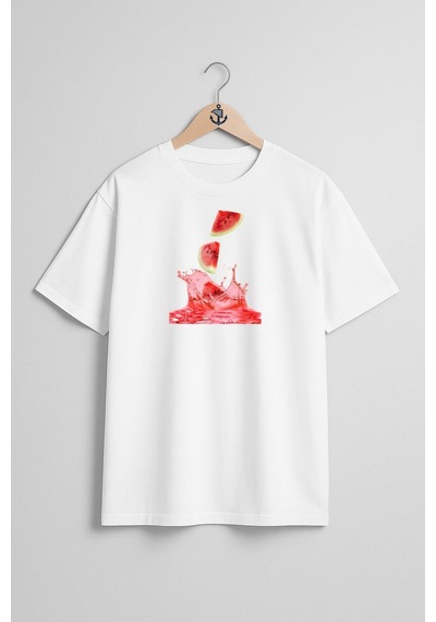 Bahriyeli Collection Oversize Karpuz Ferahlatıcı Göğüs Tasarımlı Unisex T-shirt Beyaz