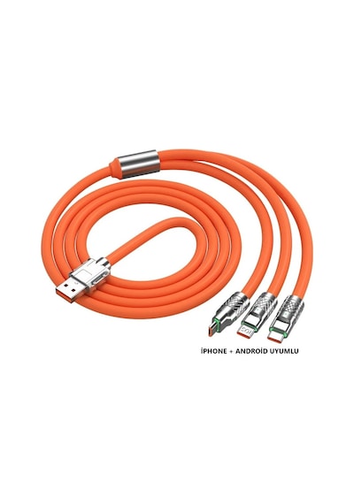 T-Max 3 In1 Süper Hızlı 120 W 6A Type-C + Micro USB + Lightning Şarj Kablosu Turuncu