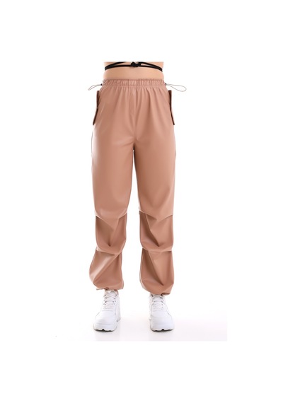 Winmoda34 Kadın Paçası Ayarlanabilir Cebi Kapaklı Yüksek Bel Deri Pantolon Camel