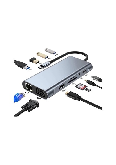 Type C Hub 11 İn 1 Usb C Docking Station 4k Hdmı,vga,type C Pd,usb3.0,rj45 Ethernet,sd/tf Aux Pc Uyumlu Adaptör Çoklay