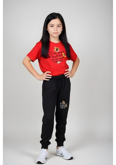 Panios Kids I Am Poised Baskılı Kız Çocuk Tişört Ve Eşofman Alt-üst Takım Kırmızı