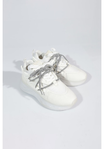 Dgn B1014 Kadin Kalin Taban Bağcikli Sneakers Ayakkabi Beyaz